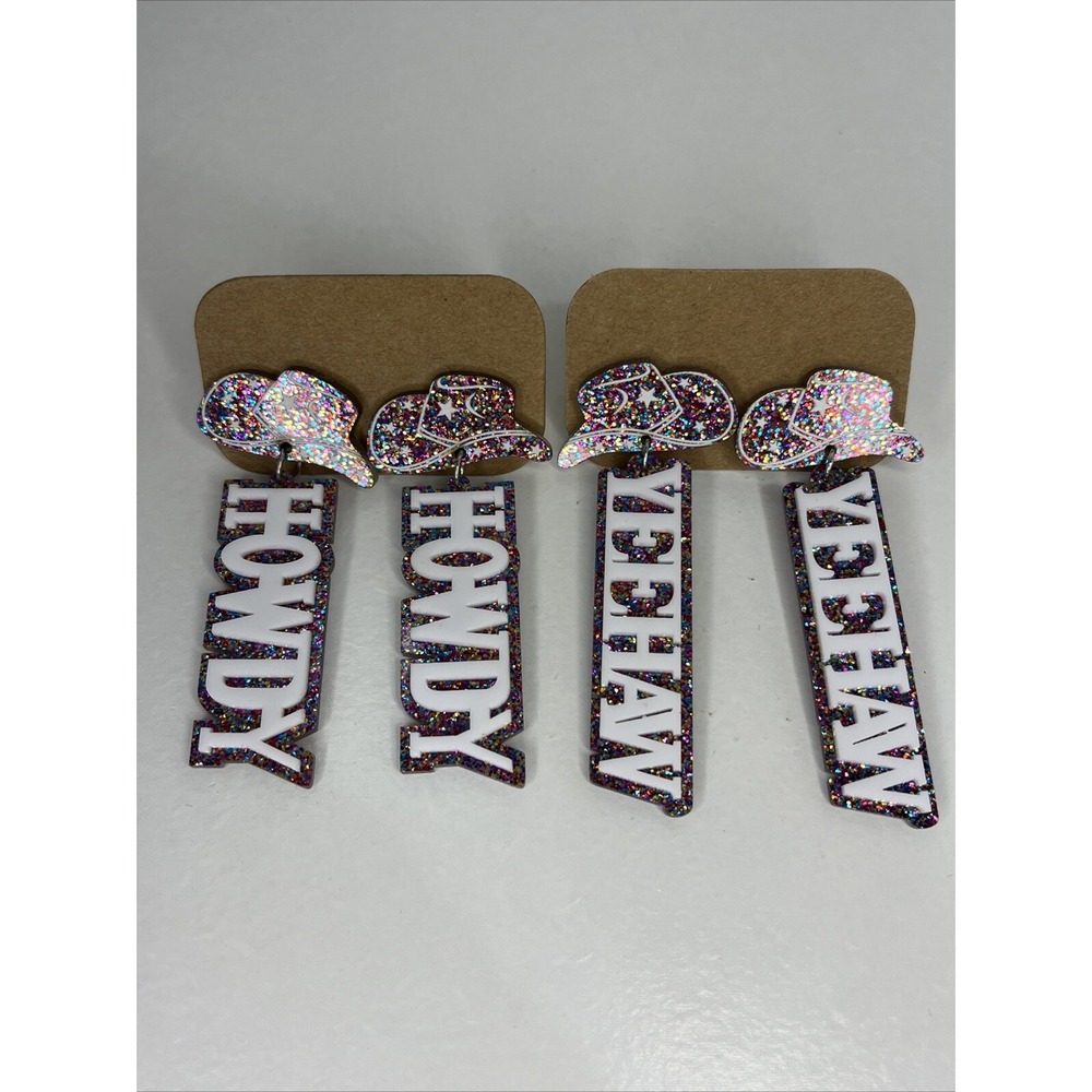 Set of 2 Western Earrings Cowgirl Hat HOWDY YEEHAW Dangle‎ Glitter